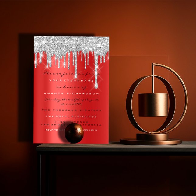 Convite Brilho Faísca Gotejamento Prata Vermelho Cinza Noi (Spark Glitter Drip Silver Red Gray Bridal 16th Invitation)