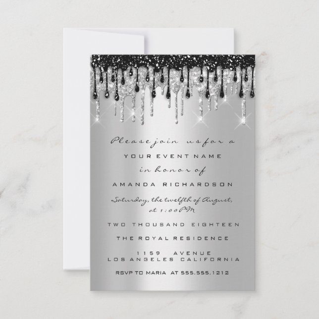 Convite Brilho Faísca Prata Preto Gotejamento Noiva Sweet  (Frente)