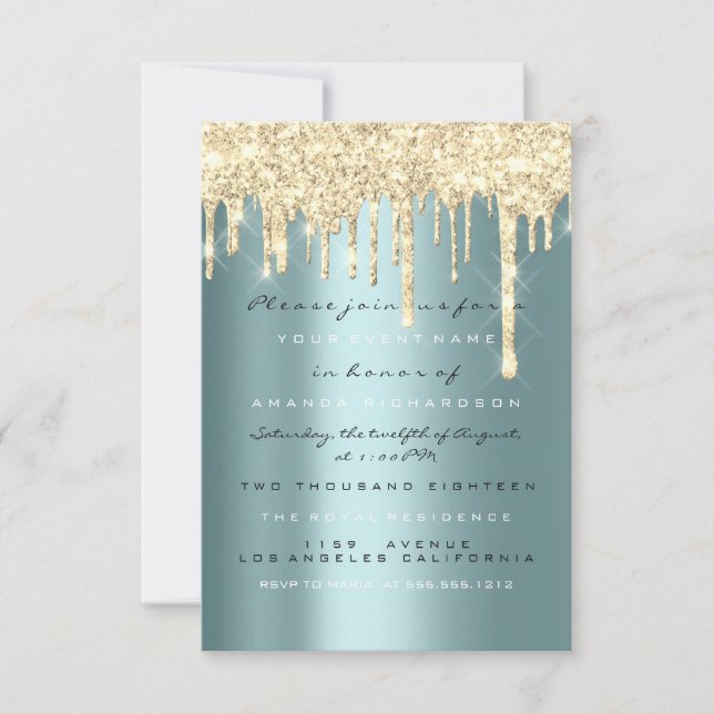 Convite Brilho Faíscas Pingos Dourado Azul Bridal Décimo S (Frente)