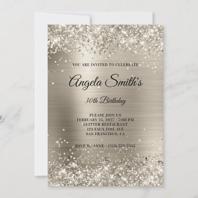 Convite Brilho Falso de Platina Glitter Foil Aniversário d (Frente)