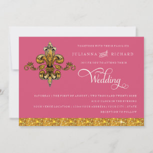 Convite Brilho Falso Dourado Preto Formal Fleur de Lis
