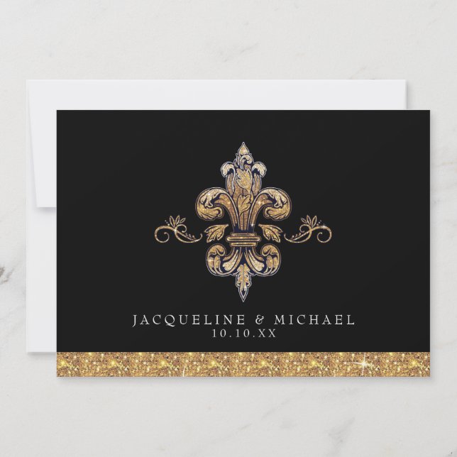 Convite Brilho Falso Dourado Preto Formal Fleur de Lis (Verso)