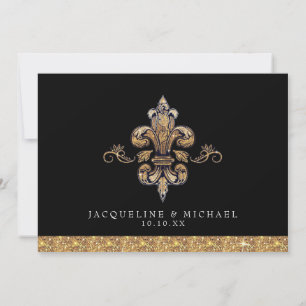 Convite Brilho Falso Dourado Preto Formal Fleur de Lis