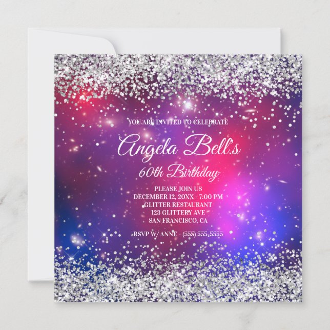 Convite Brilho Falso Prateado Celestial Rosa Quente (Verso)