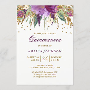 Convite Brilho Floral Amethisto Quinceanera Espelhante