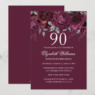 Convite Brilho Floral Borgonha Prata Aniversário de 90 ano