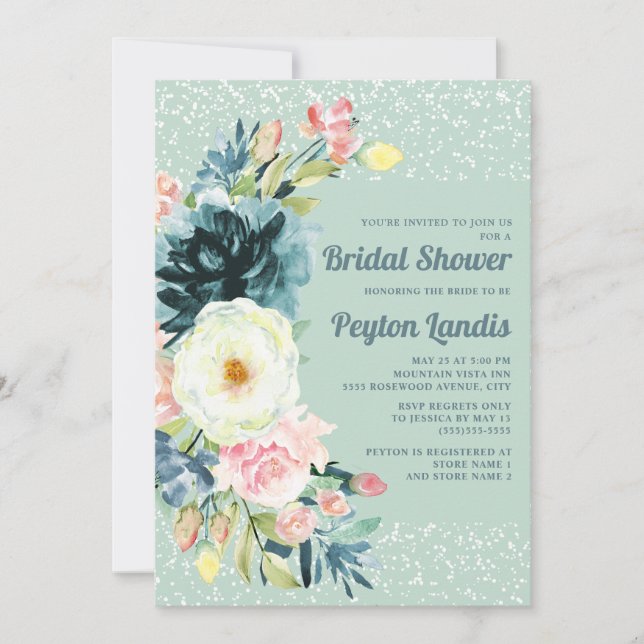 Convite Brilho Floral Creme Rosa Neo Menta Chá de Bebê (Frente)