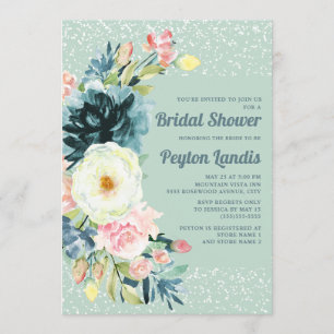 Convite Brilho Floral Creme Rosa Neo Menta Chá de Bebê