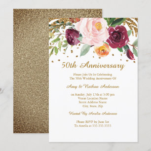 Convite Brilho Floral Dourado Borgonha 50º Aniversário