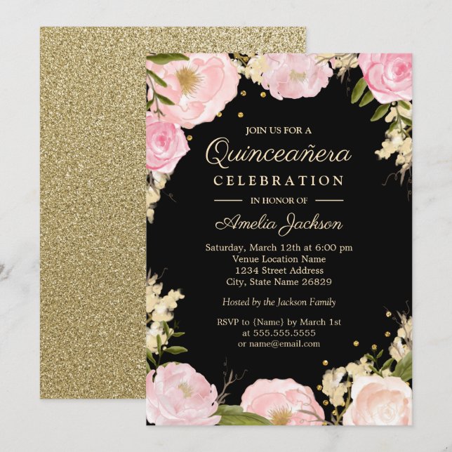 Convite Brilho Floral Dourado Rosa Preto Quinceanera (Frente/Verso)