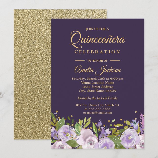 Convite Brilho Floral Dourado Roxo Quinceanera (Frente/Verso)