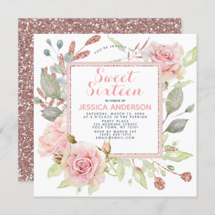 Convite Brilho Floral Rosa-Dourado Rosa Doce Dezesseis