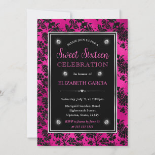 Convite Brilho Floral Rosa e Preto Damask Doce 16