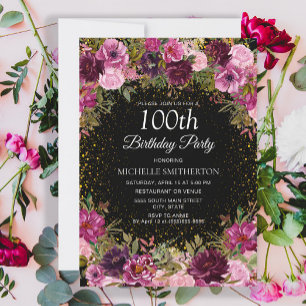 Convite Brilho Floral Rosa Roxo Preto Aniversário de 100 a