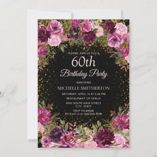 Convite Brilho Floral Rosa Roxo Preto Aniversário de 60 an