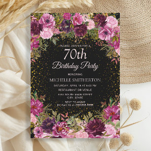Convite Brilho Floral Rosa Roxo Preto Aniversário de 70 an