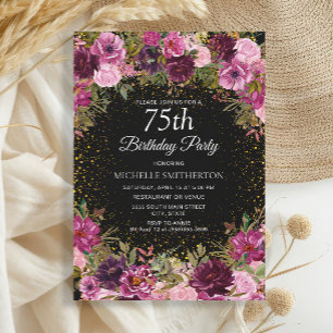 Convite Brilho Floral Rosa Roxo Preto Aniversário de 75 an