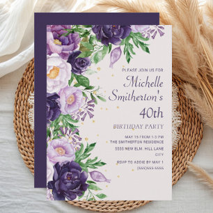 Convite Brilho Floral Roxo Aniversário de 40 anos