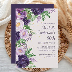 Convite Brilho Floral Roxo Aniversário de 50 anos