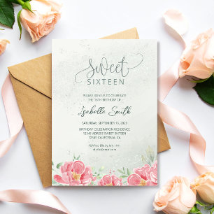 Convite Brilho Floral Verde Suave e Rosa Aniversário de 16