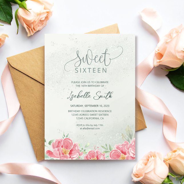 Convite Brilho Floral Verde Suave e Rosa Aniversário de 16 (Criador carregado)