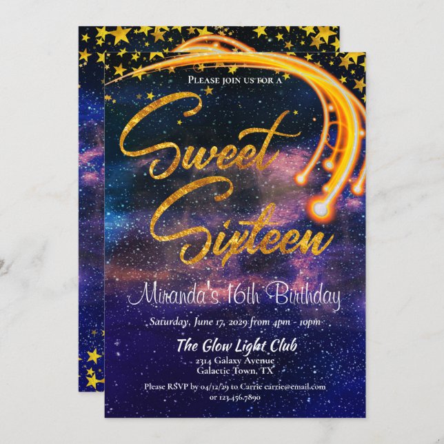 Convite Brilho Galáctico - Luz Doce Dezesseis Festas de an (Frente/Verso)