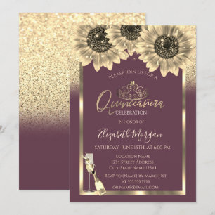 Convite Brilho, Girassóis, Tiara Burgundy Quinceanera