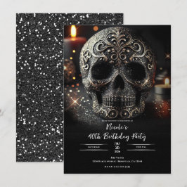 Convite Brilho Glam Preto Glitter Caveira Gótica Aniversár