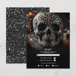 Convite Brilho Glam Preto Glitter Caveira Gótico RSVP