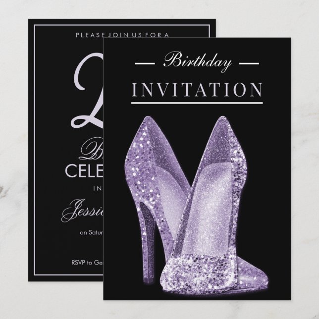 Convite Brilho & Glamour Lilás 25º Aniversário (Frente/Verso)