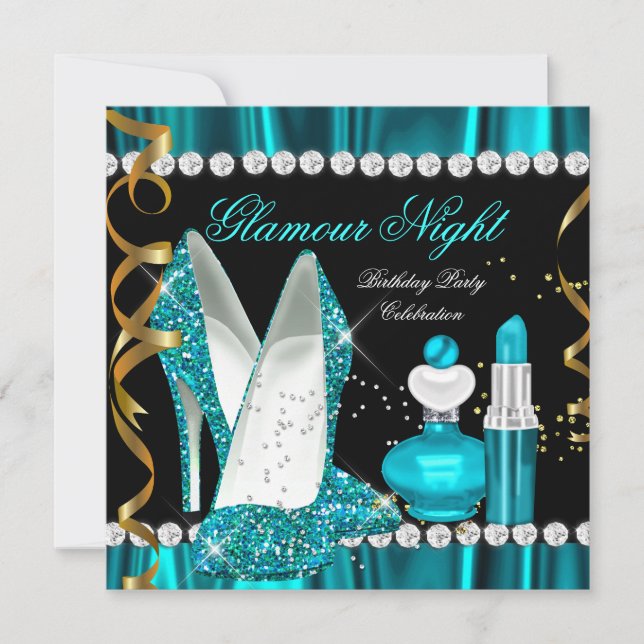 Convite Brilho Glamour Noite Azul Teal Dourado Preto Festa (Frente)