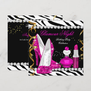 Convite Brilho Glamour Noite Zebra Rosa Fundo Dourado Pret
