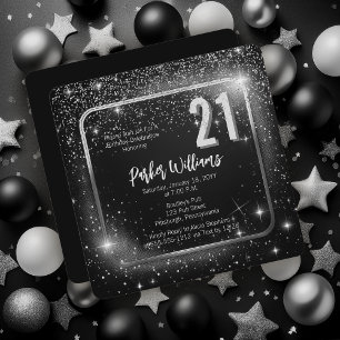 Convite Brilho Glamouroso   Estrelas Prata Aniversário de 