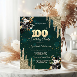 Convite Brilho Gostas Rosas Pretas Verdes 100º Aniversário
