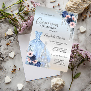 Convite Brilho Gostas,Vestido,Rosas Azuis Quinceañera