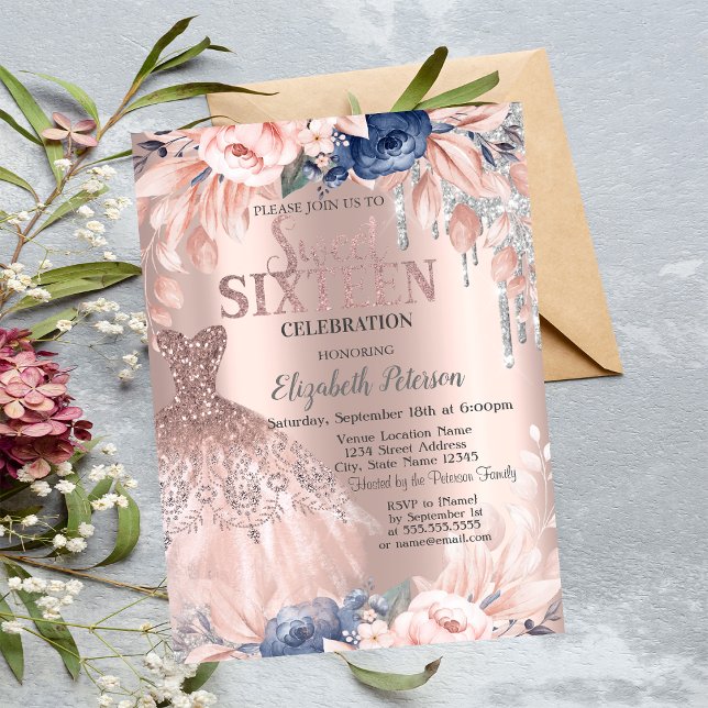 Convite Brilho Goteja,Vestido,Flores Rosa Dourado Doce 16 (Criador carregado)