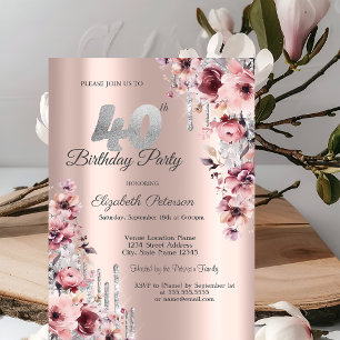 Convite Brilho Gotejante Rosa Dourado Floral 40º Aniversár