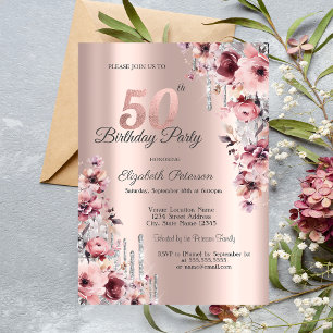Convite Brilho Gotejante Rosa Dourado Floral 50º Aniversár