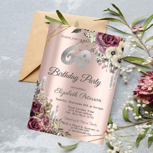 Convite Brilho Gotejante Rosa Dourado Floral 60º Aniversár