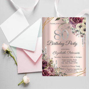 Convite Brilho Gotejante Rosa Dourado Floral 80º Aniversár