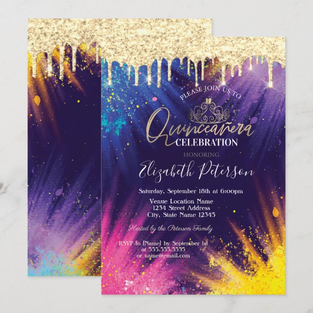 Convite Brilho Gpinga Splash de Aquarela Quinceañera (Frente/Verso)
