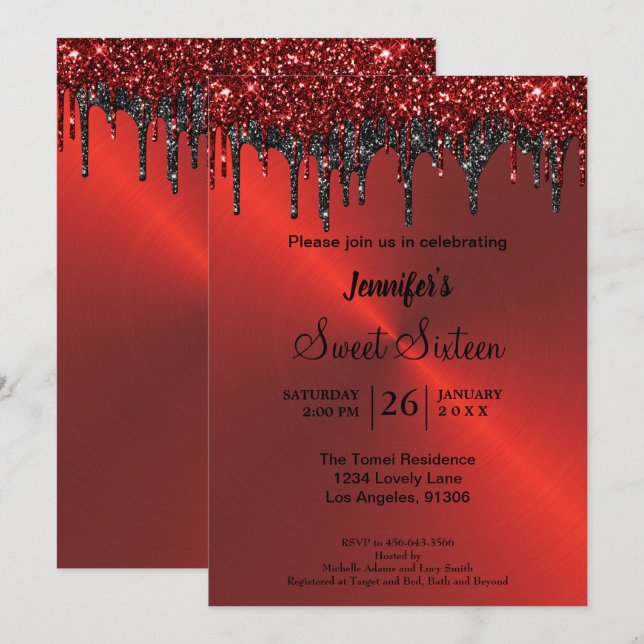 Convite Brilho metálico vermelho Sweet Sixteen (Frente/Verso)