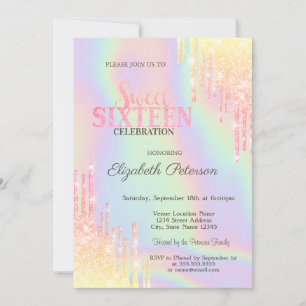 Convite Brilho Moderno Holográfico Sweet 16