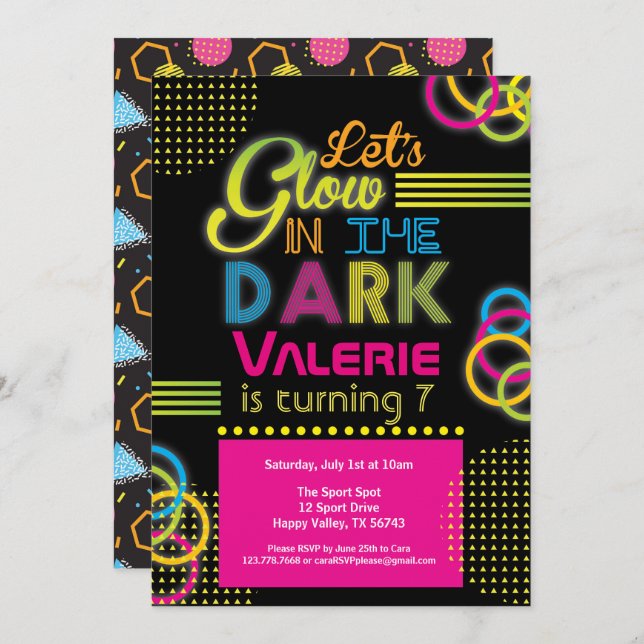 Convite Brilho no neon claro do aniversário da menina escu (Frente/Verso)