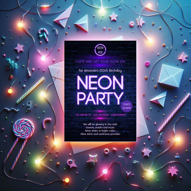 Convite Brilho no Partido Preto do Neon Negro (Glow in the Dark Neon Themed Party Invitation)