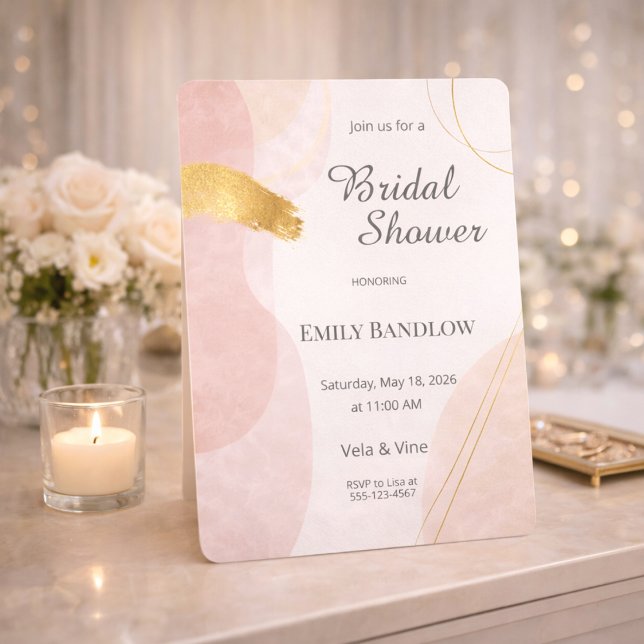 Convite Brilho Nupcial Rosa Dourado (Blush and gold abstract shapes with soft brush detail for a modern bridal gathering)
