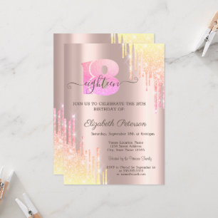 Convite Brilho Ombre Chic Gotejante Rosa Dourado Aniversár