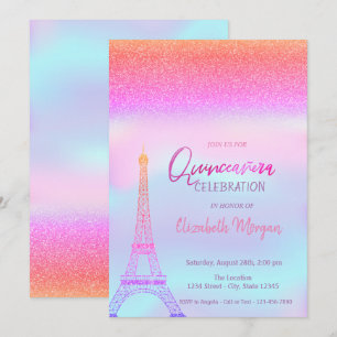 Convite Brilho Ombre,Torre Eiffel holográfica Quinceanera