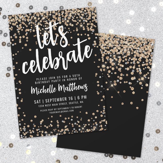Convite Brilho Ouro Negro 50º Aniversário (Black Gold Glitter 50th Birthday Invitation)