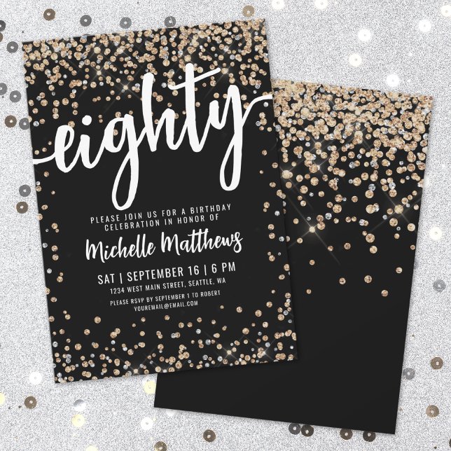 Convite Brilho Ouro Negro 80º Aniversário (Black Gold Glitter 80th Birthday Invitation)